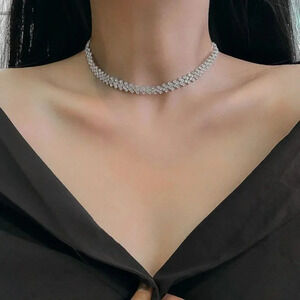 925 Sterling Silver Diamond Rhinestone Choker Necklace Statement Necklace